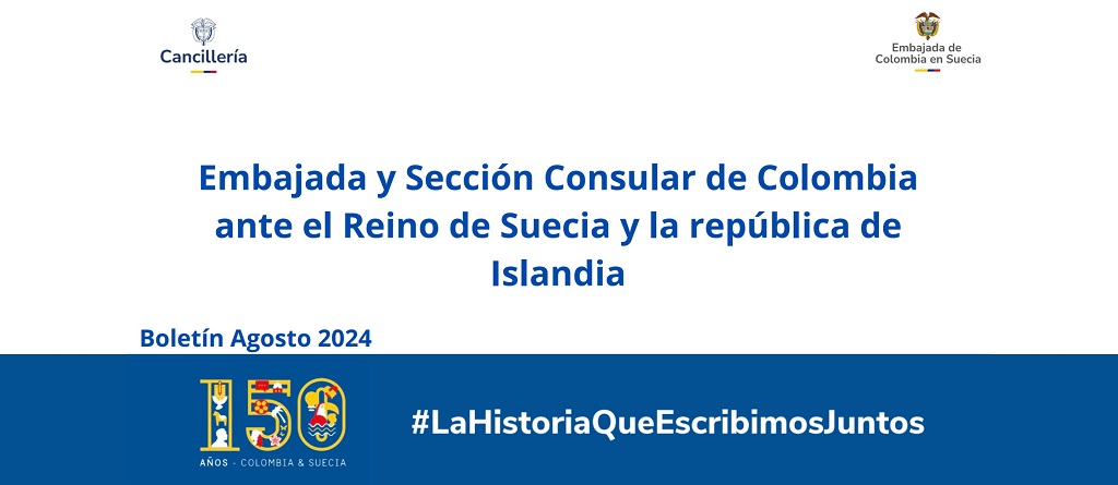 Banner del boletín de agosto de la Embajada de Colombia ante el Reino de Suecia