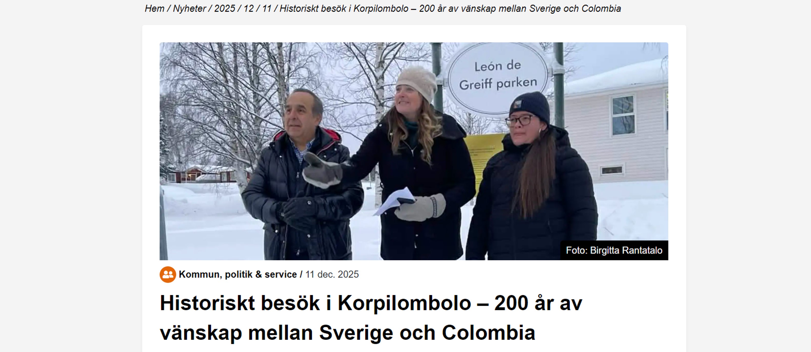 Visita histórica a Korpilombolo – 200 años de amistad entre Suecia y Colombia