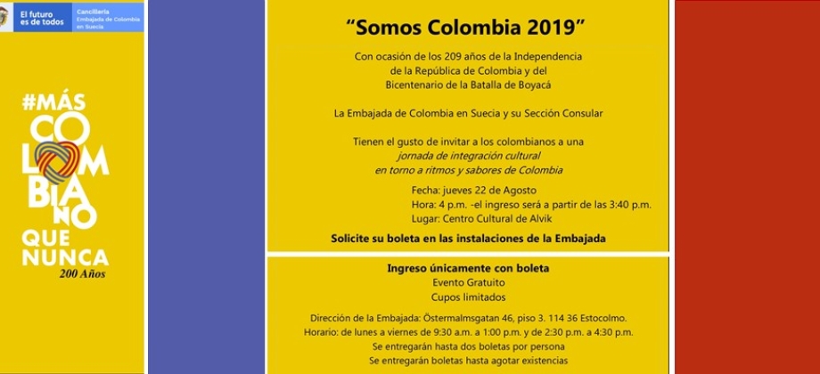 Embajada de Colombia en Suecia y su sección consular realizarán una jornada de integración cultural para conmemorar los 209 años de la Independencia 