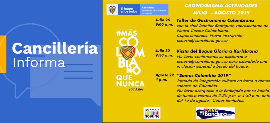 La Embajada de Colombia en Suecia y su sección consular informan los eventos dirigidos a la comunidad colombiana en julio y agosto de 2019