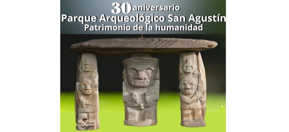 Banner con imagenes de estatuas arqueológicas de San Agustín - Huila