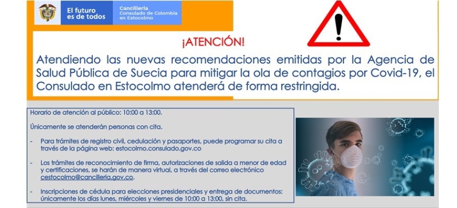 Embajada de Colombia en Suecia atenderá al público de 10:00 a.m. a 3:00 p.m. de lunes a viernes atendiendo las recomendaciones de la Agencia de Salud Pública de Suecia