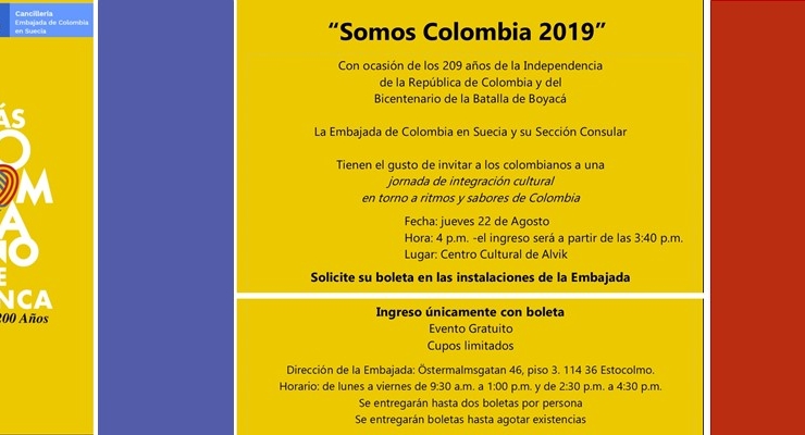Embajada de Colombia en Suecia y su sección consular realizarán una jornada de integración cultural para conmemorar los 209 años de la Independencia 